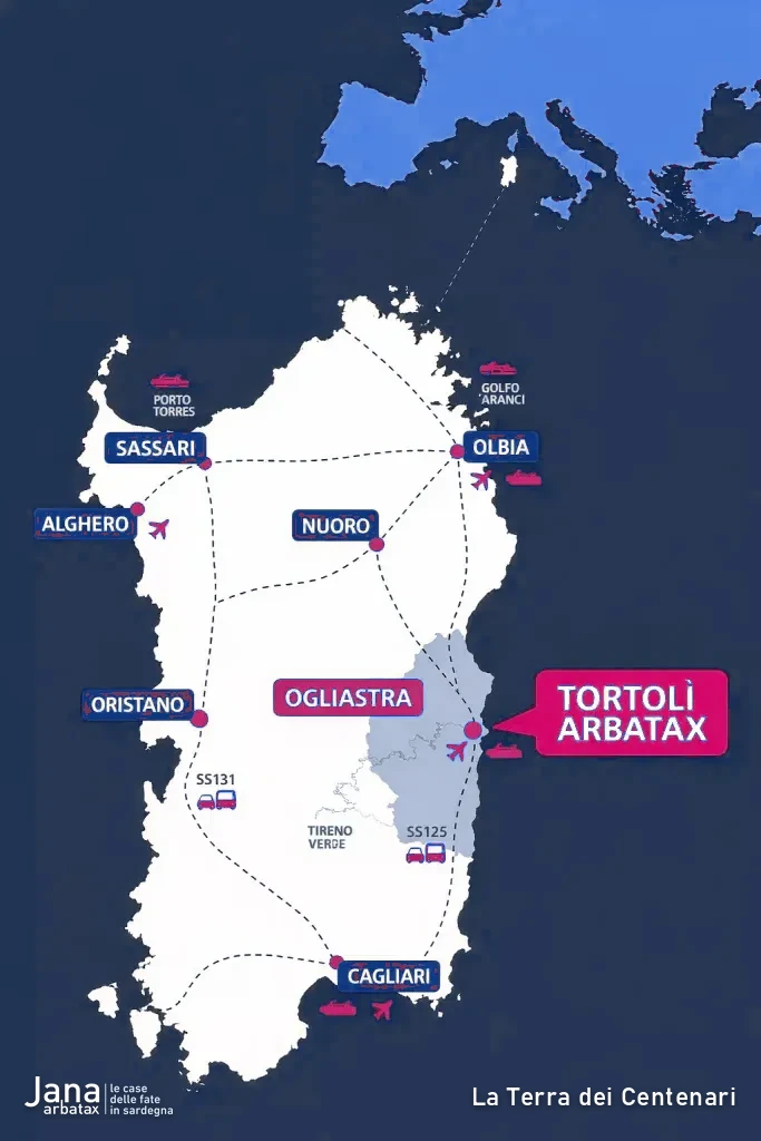 Mappa della Sardegna con la posizione di Arbatax, in Ogliastra