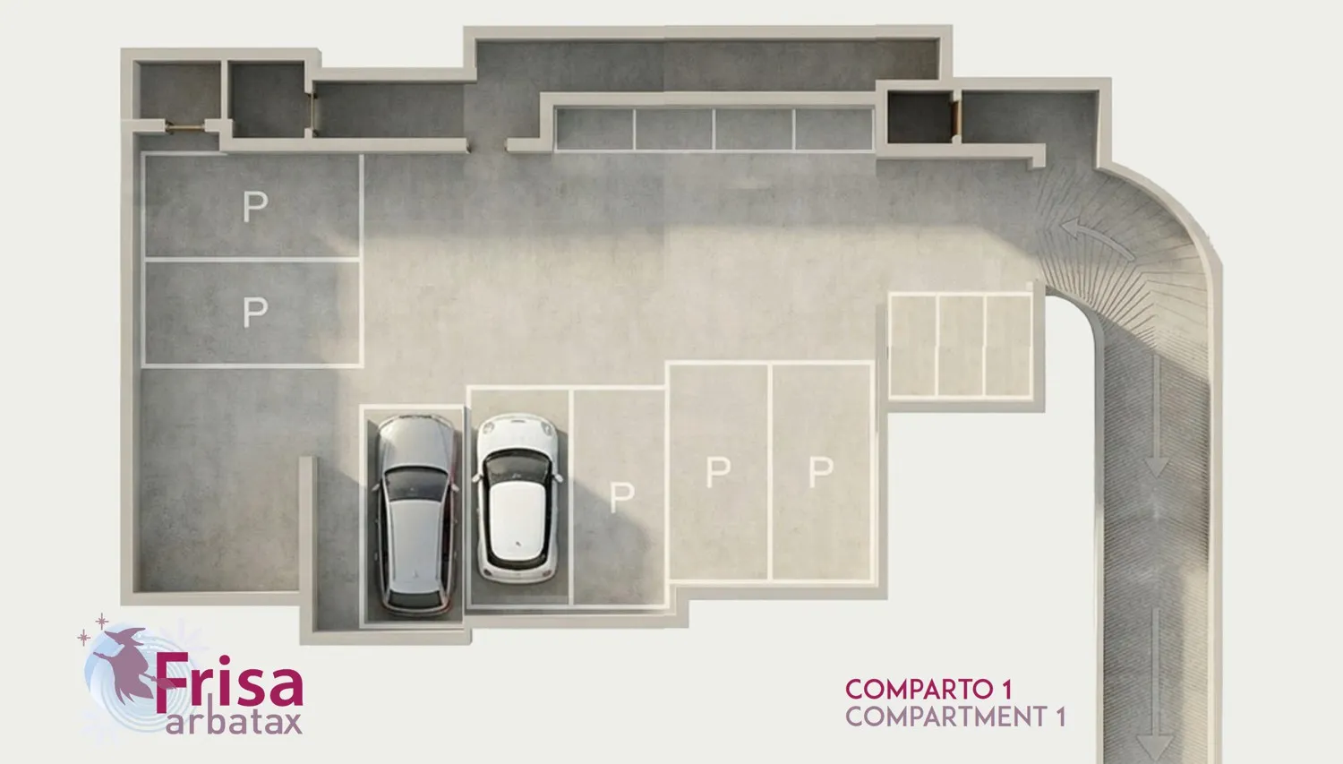 Pianta del piano garage, Corpo G, complesso di Borgo Frisa ad Arbatax