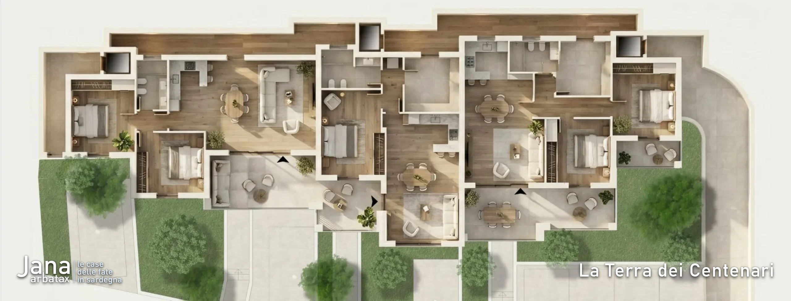 Render delle facciate di Borgo Frisa, case in vendita ad Arbatax